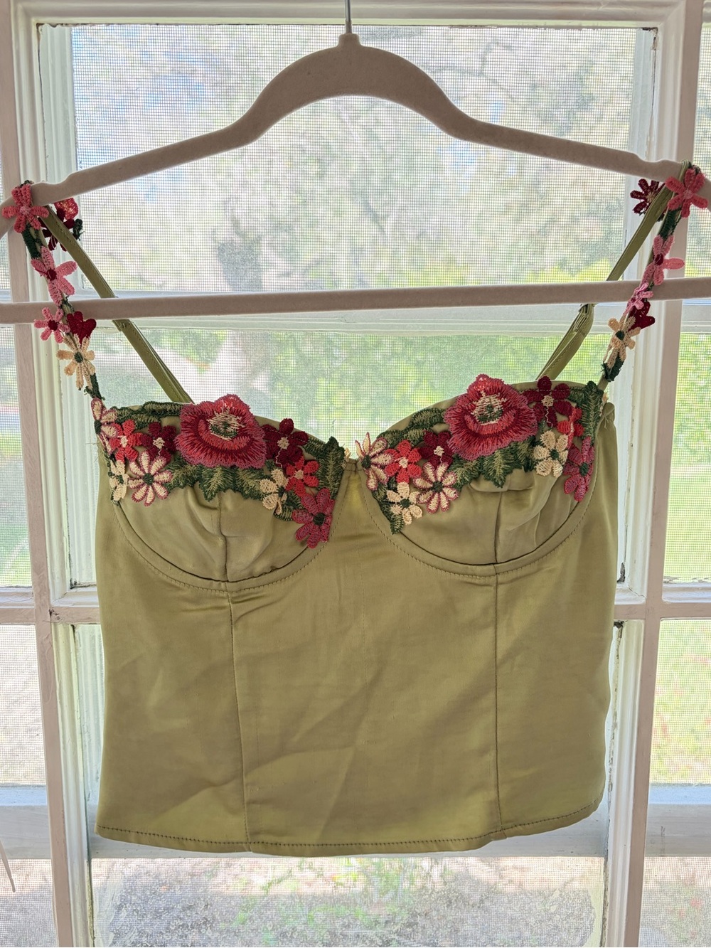 Floral Embroidered Green Bustier Top